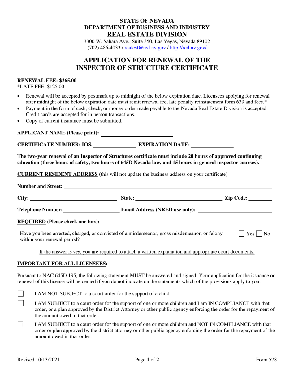 Form 578 Application for Renewal of the Inspector of Structure Certificate - Nevada, Page 1