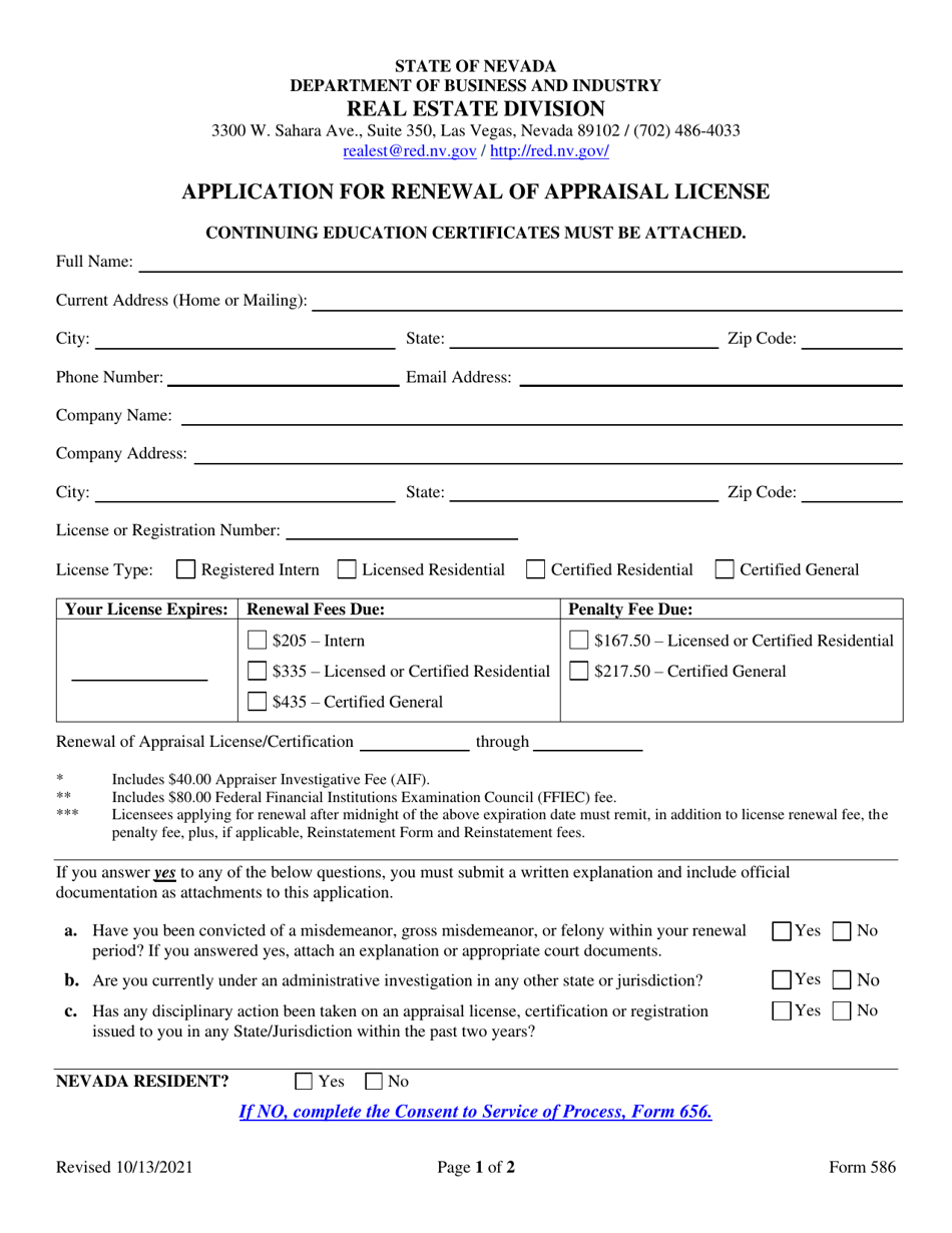 Form 586 Download Fillable PDF or Fill Online Application for Renewal