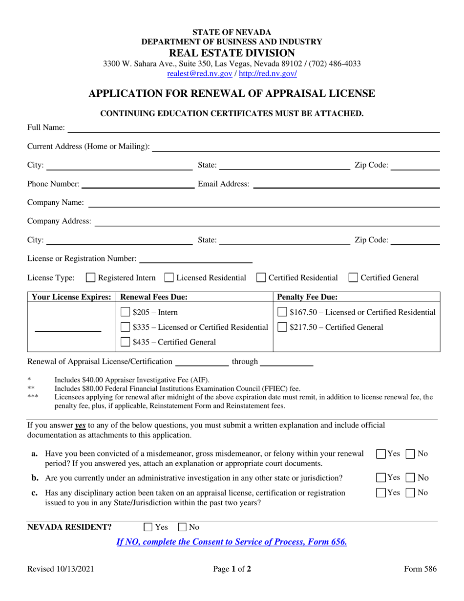 Form 586 Application for Renewal of Appraisal License - Nevada, Page 1