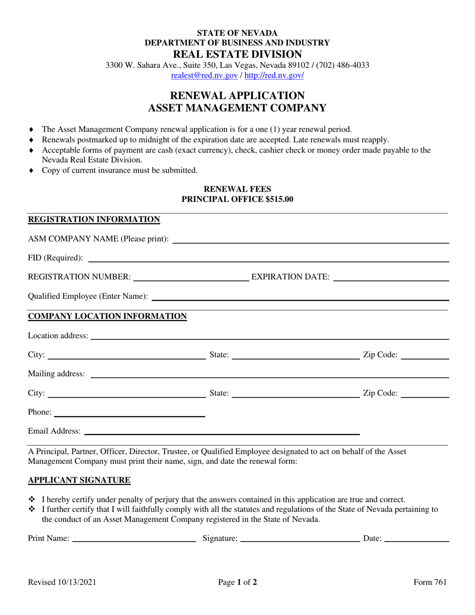 Form 761 Renewal Application Asset Management Company - Nevada, Page 1