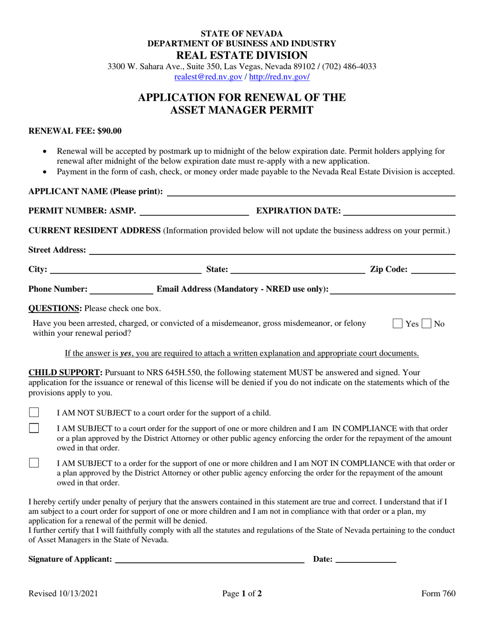 Form 760 Application for Renewal of the Asset Manager Permit - Nevada, Page 1