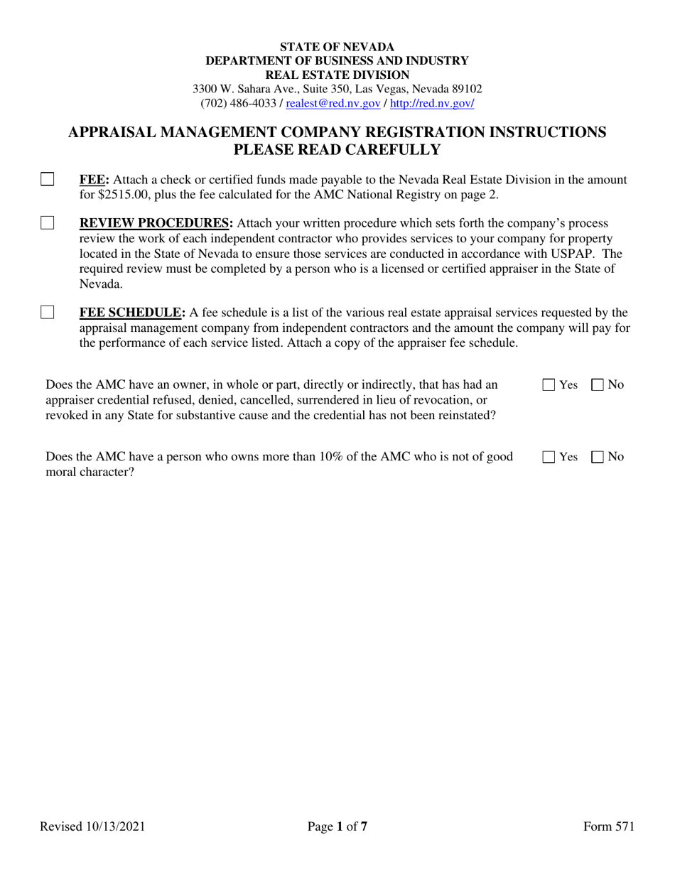 Form 571 Appraisal Management Company Registration Form - Nevada, Page 1