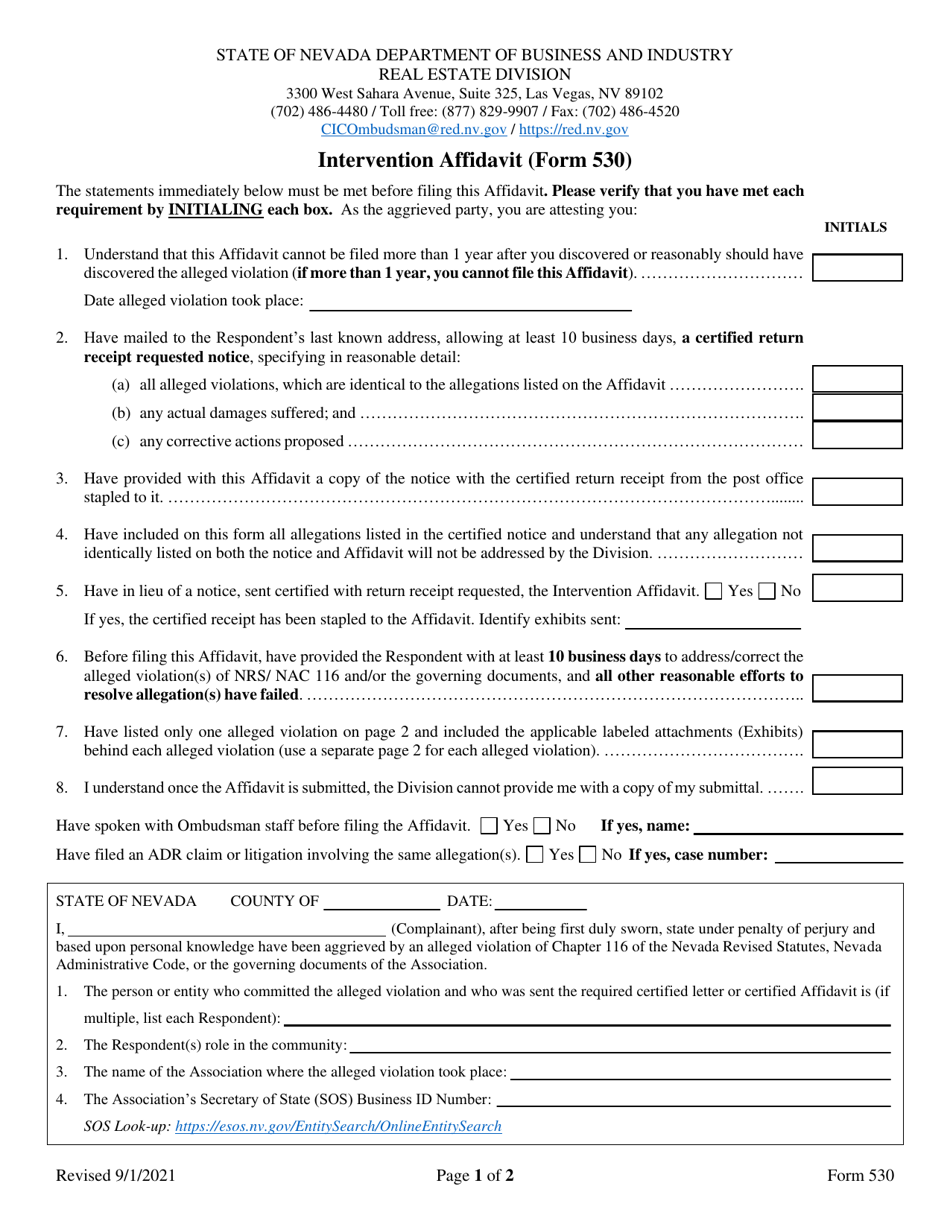 Form 530 Intervention Affidavit - Nevada, Page 1