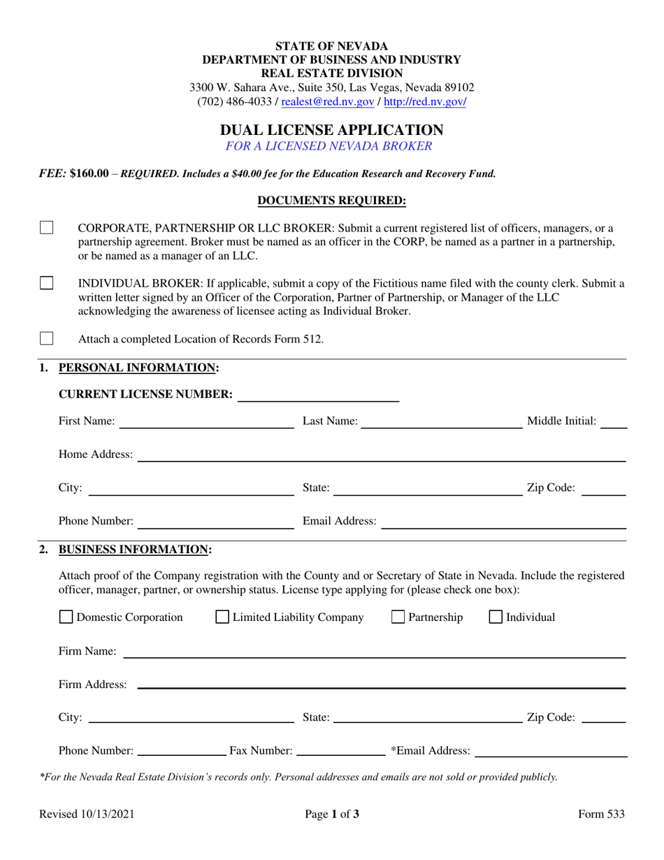 Form 533 Dual License Application - Nevada, Page 1