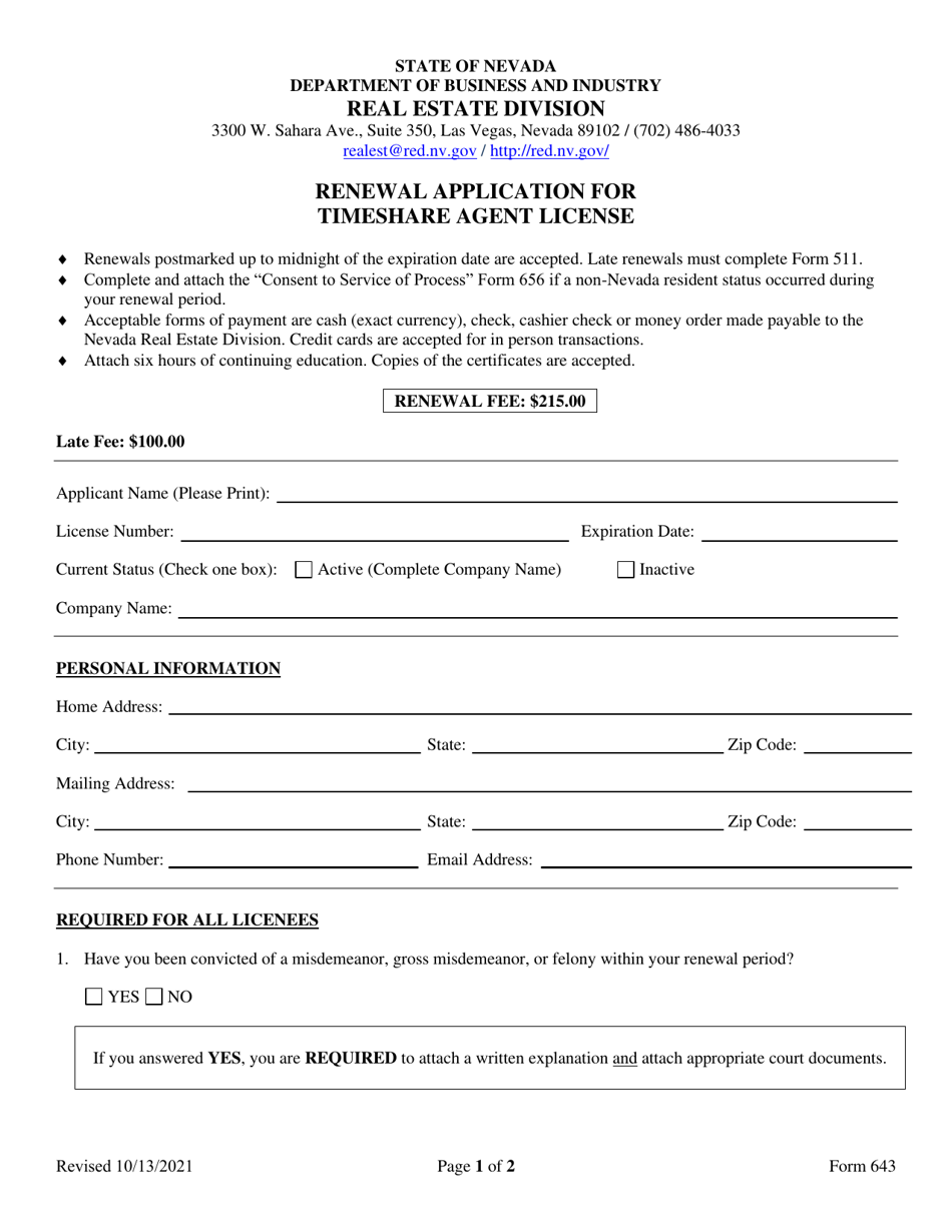 Form 643 Renewal Application for Timeshare Agent License - Nevada, Page 1