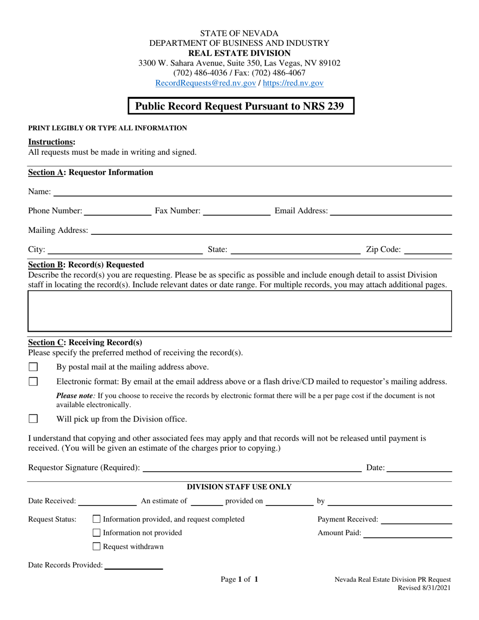 Form 900 Public Record Request Pursuant to Nrs 239 - Nevada, Page 1