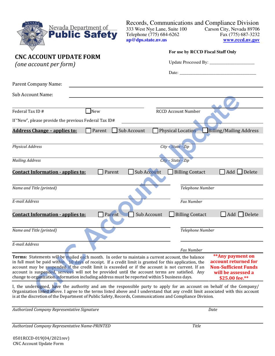 Form 0501RCCD-019 Cnc Account Update Form - Nevada, Page 1