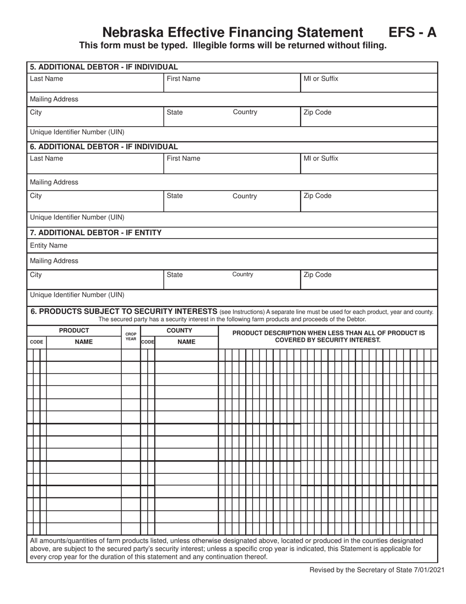 Form EFS-A Attachment for Additional Debtors or Commodities for Efs - Nebraska, Page 1