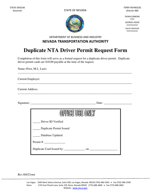 Duplicate Nta Driver Permit Request Form - Nevada Download Pdf