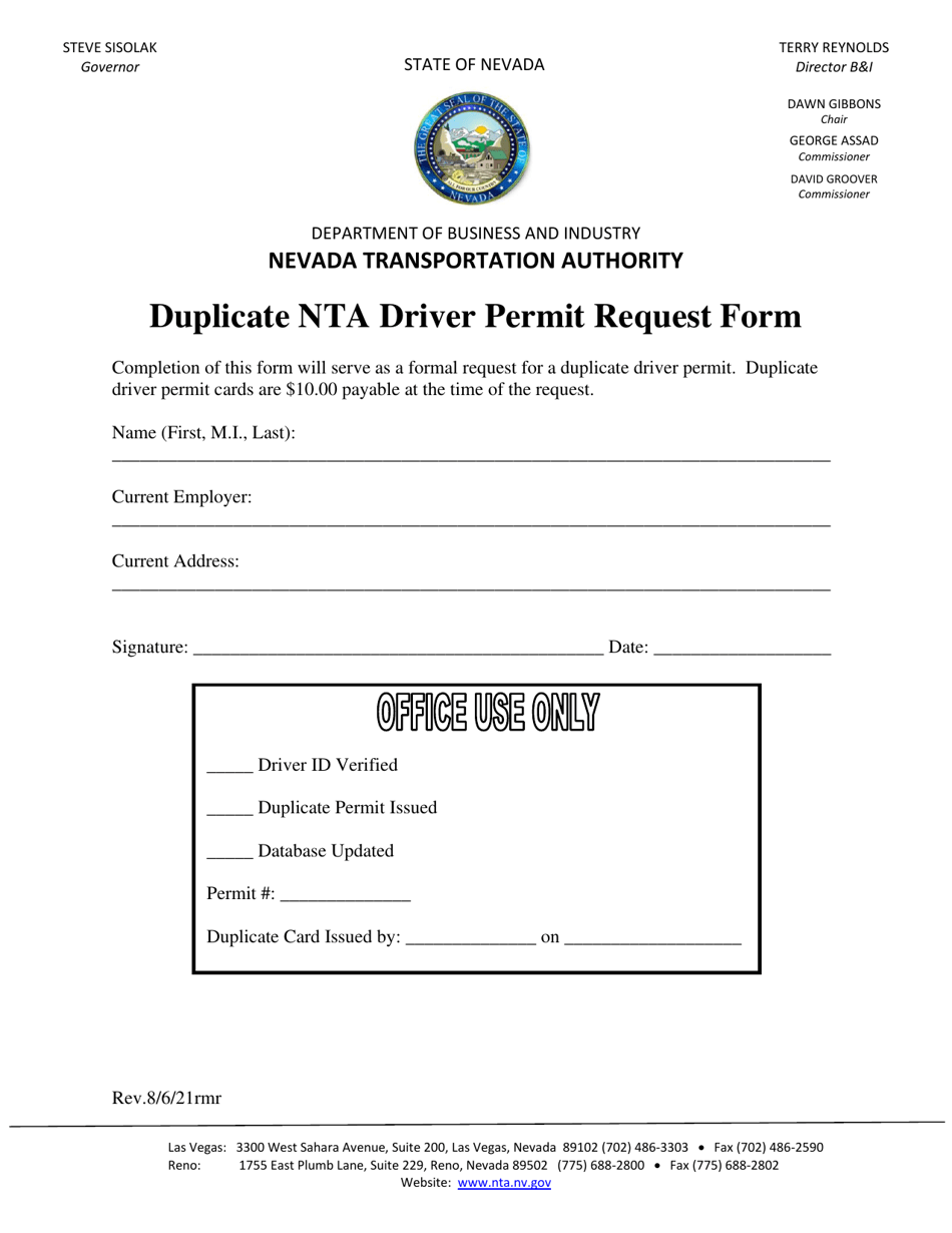 Duplicate Nta Driver Permit Request Form - Nevada, Page 1