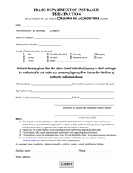 Document preview: Termination of Authority to Act Under Company or Agency/Firm License - Idaho