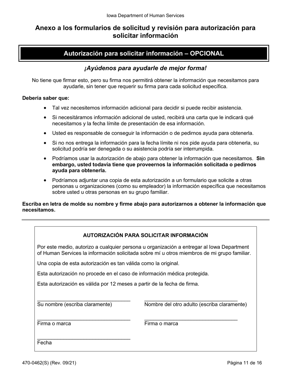 Formulario 470-0462(S) Solicitud De Ayuda Financiera Y Asistencia Alimenticia - Iowa (Spanish), Page 11