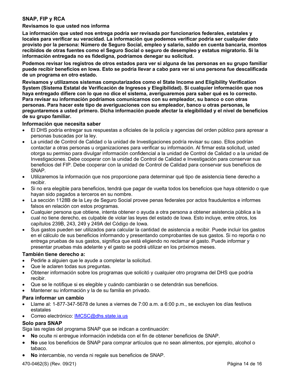 Formulario 470-0462(S) Solicitud De Ayuda Financiera Y Asistencia Alimenticia - Iowa (Spanish), Page 14