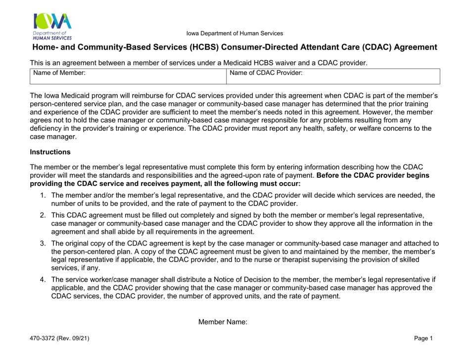 Form 470-3372 Home- and Community-Based Services (Hcbs) Consumer-Directed Attendant Care (Cdac) Agreement - Iowa, Page 1