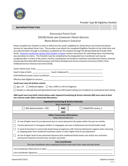 Specialized Foster Care 1915(I) Home and Community Based Services Needs Based Eligibility Checklist - Nevada Download Pdf