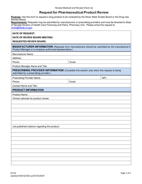 Form FA-62 Request for Pharmaceutical Product Review - Nevada