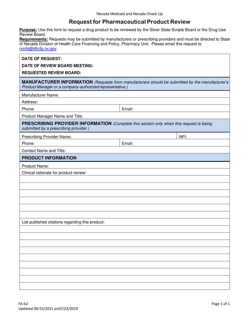 Form FA-62 Request for Pharmaceutical Product Review - Nevada, Page 1