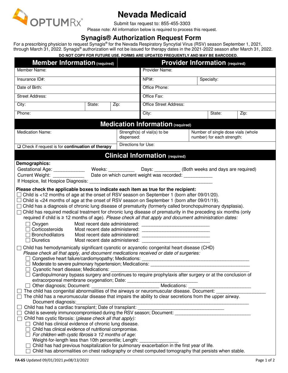 Form FA-65 Synagis Authorization Request Form - Nevada, Page 1