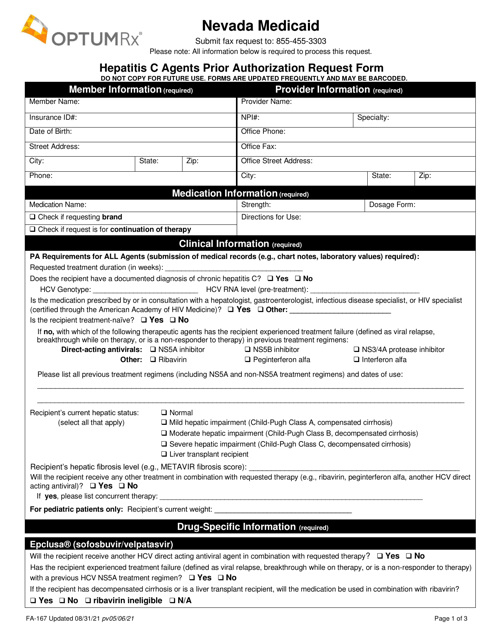 Form FA-167 Hepatitis C Agents Prior Authorization Request Form - Nevada