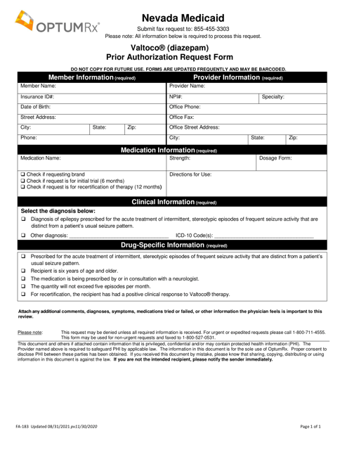 Form FA-183 Valtoco (Diazepam) Prior Authorization Request Form - Nevada