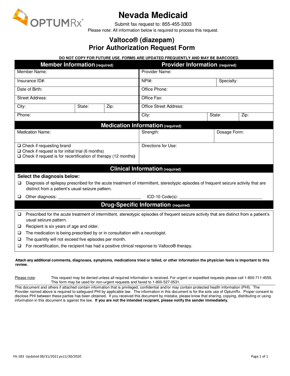 Form FA-183 Valtoco (Diazepam) Prior Authorization Request Form - Nevada, Page 1