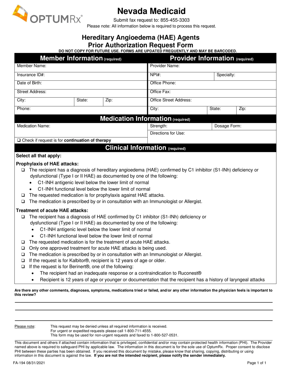 Form FA-194 Hereditary Angioedema (Hae) Agents Prior Authorization Request Form - Nevada, Page 1