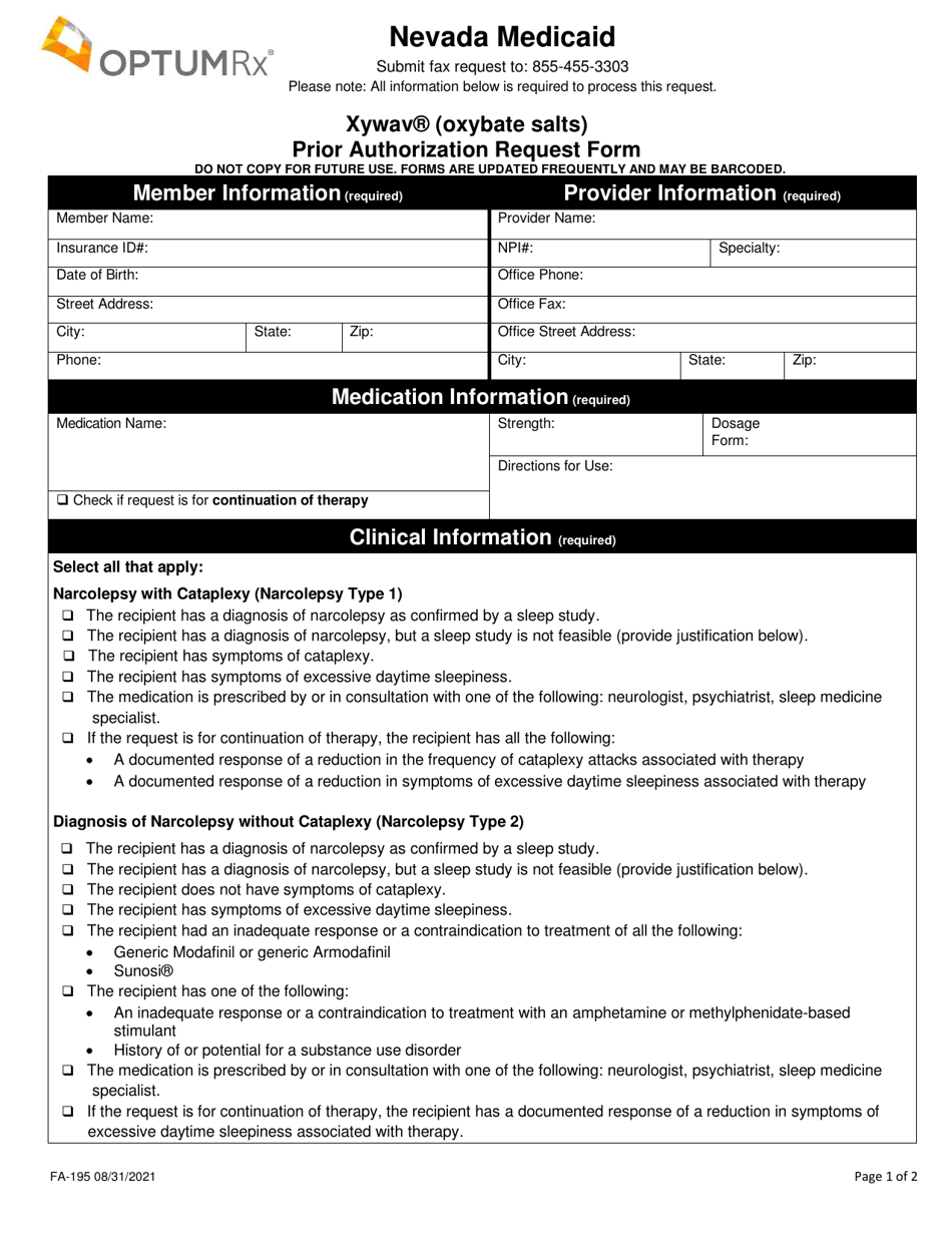 Form FA-195 Xywav (Oxybate Salts) Prior Authorization Request Form - Nevada, Page 1