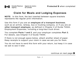 Form TL2 Claim for Meals and Lodging Expenses - Large Print - Canada