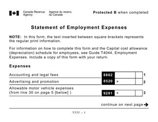 Document preview: Form T777 Statement of Employment Expenses - Large Print - Canada
