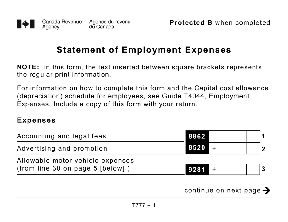 Form T777 Statement of Employment Expenses - Large Print - Canada, Page 1