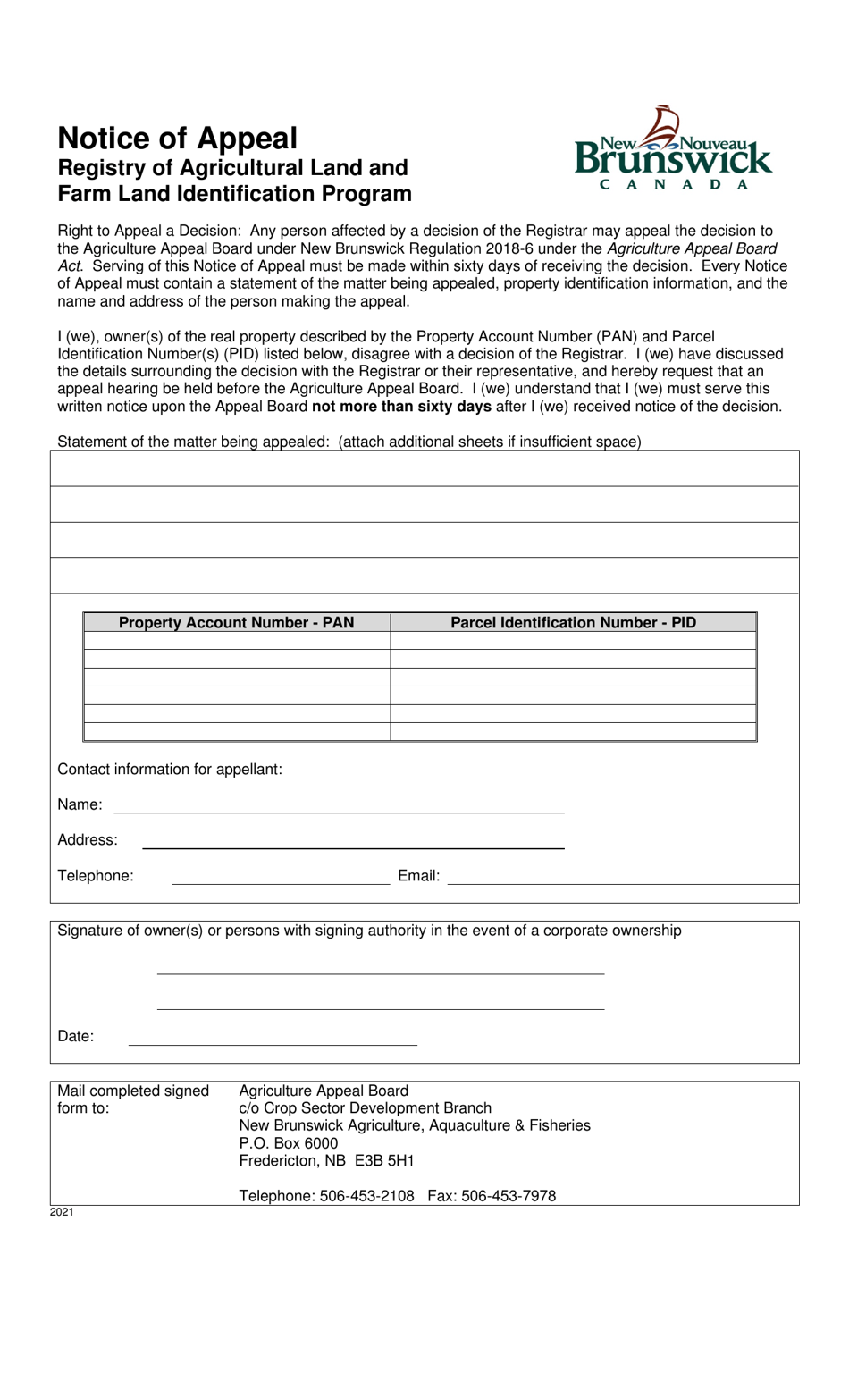 Notice of Appeal - Registry of Agricultural Land and Farm Land Identification Program - New Brunswick, Canada, Page 1