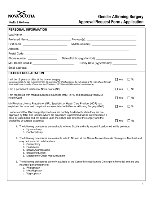 Nova Scotia Canada Gender Affirming Surgery Approval Request Form