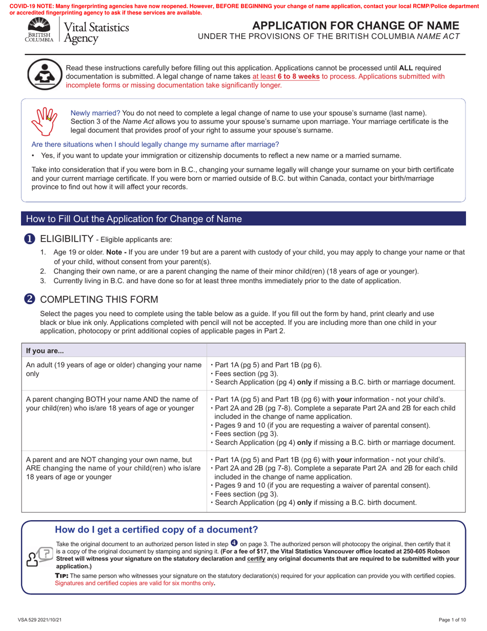 Form VSA529 Application for Change of Name - British Columbia, Canada, Page 1