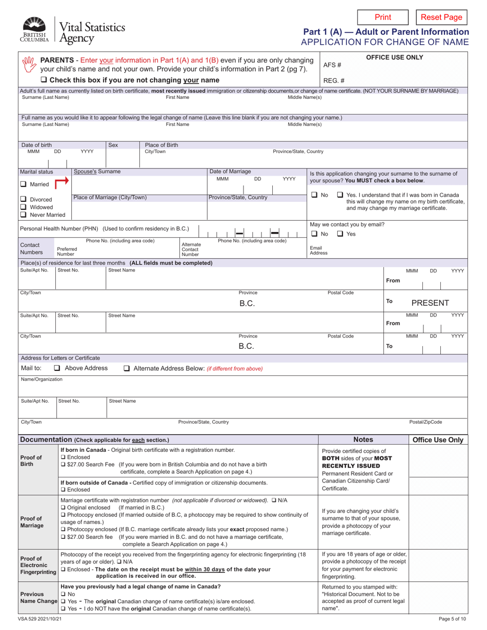 Form VSA529 Application for Change of Name - British Columbia, Canada, Page 5