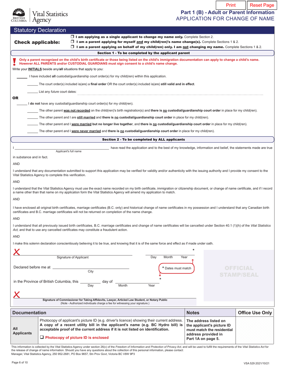 Form VSA529 Application for Change of Name - British Columbia, Canada, Page 6