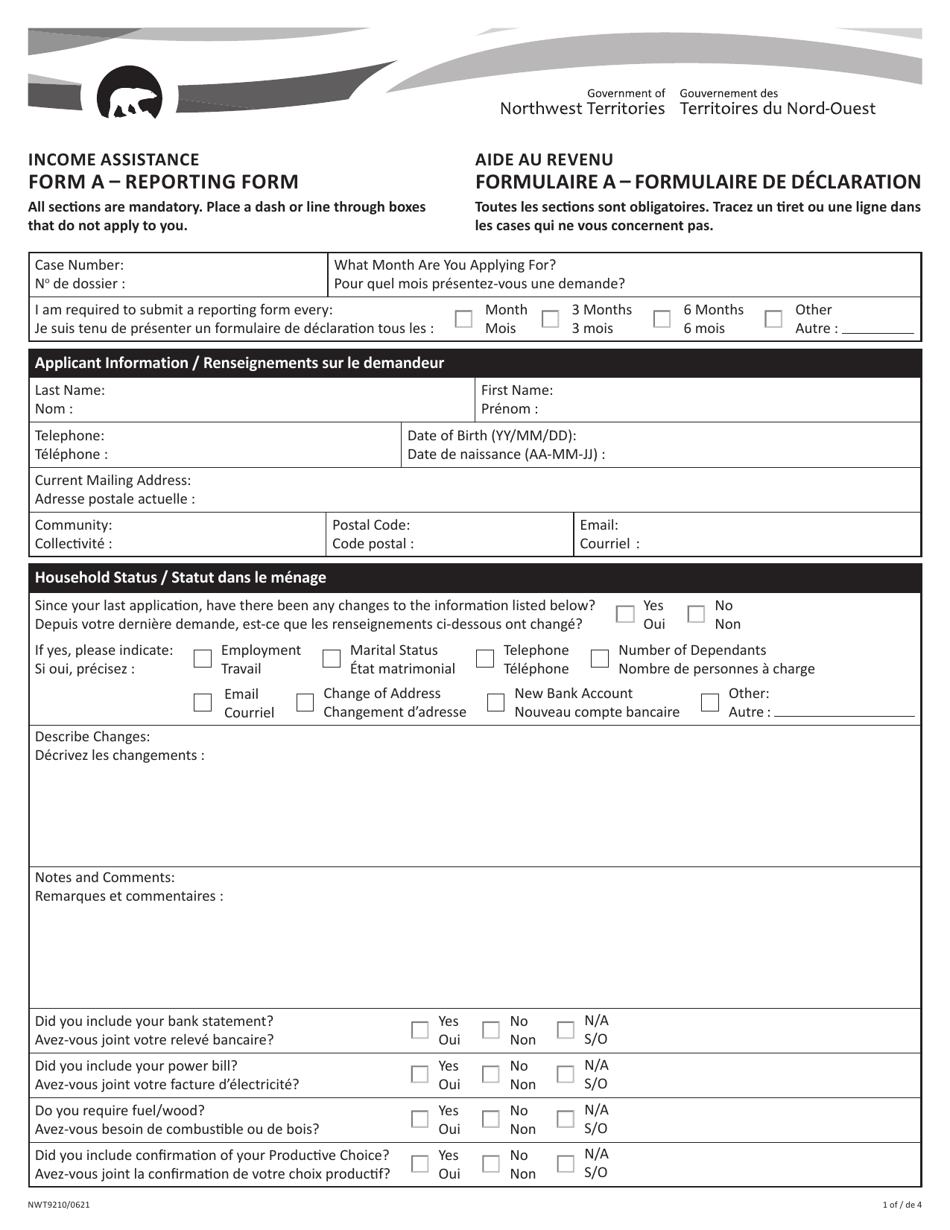 Form A (NWT9210) Reporting Form - Northwest Territories, Canada (English / French), Page 1