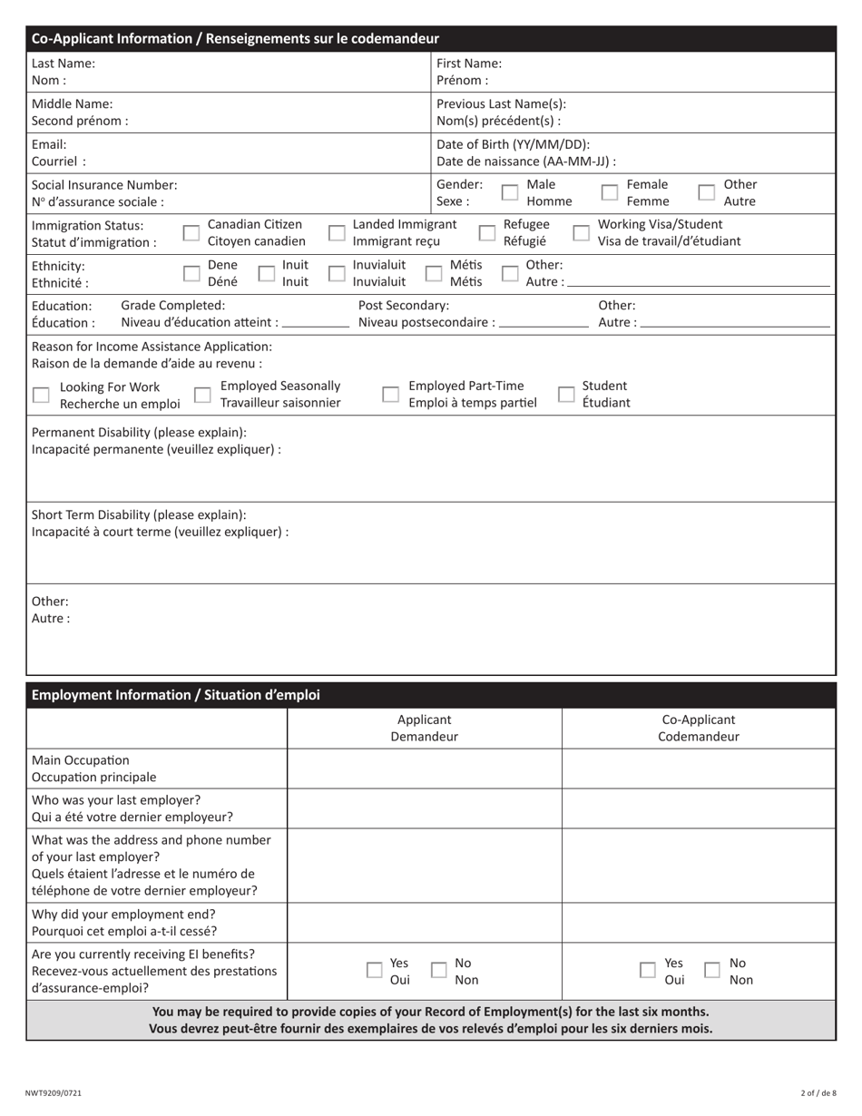 Form NWT9209 Application for Income Assistance - Northwest Territories, Canada (English / French), Page 2