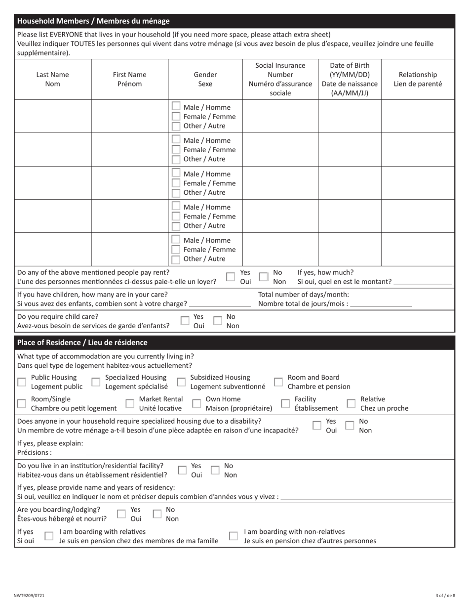 Form NWT9209 Application for Income Assistance - Northwest Territories, Canada (English / French), Page 3