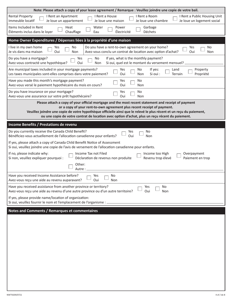 Form NWT9209 Application for Income Assistance - Northwest Territories, Canada (English / French), Page 4