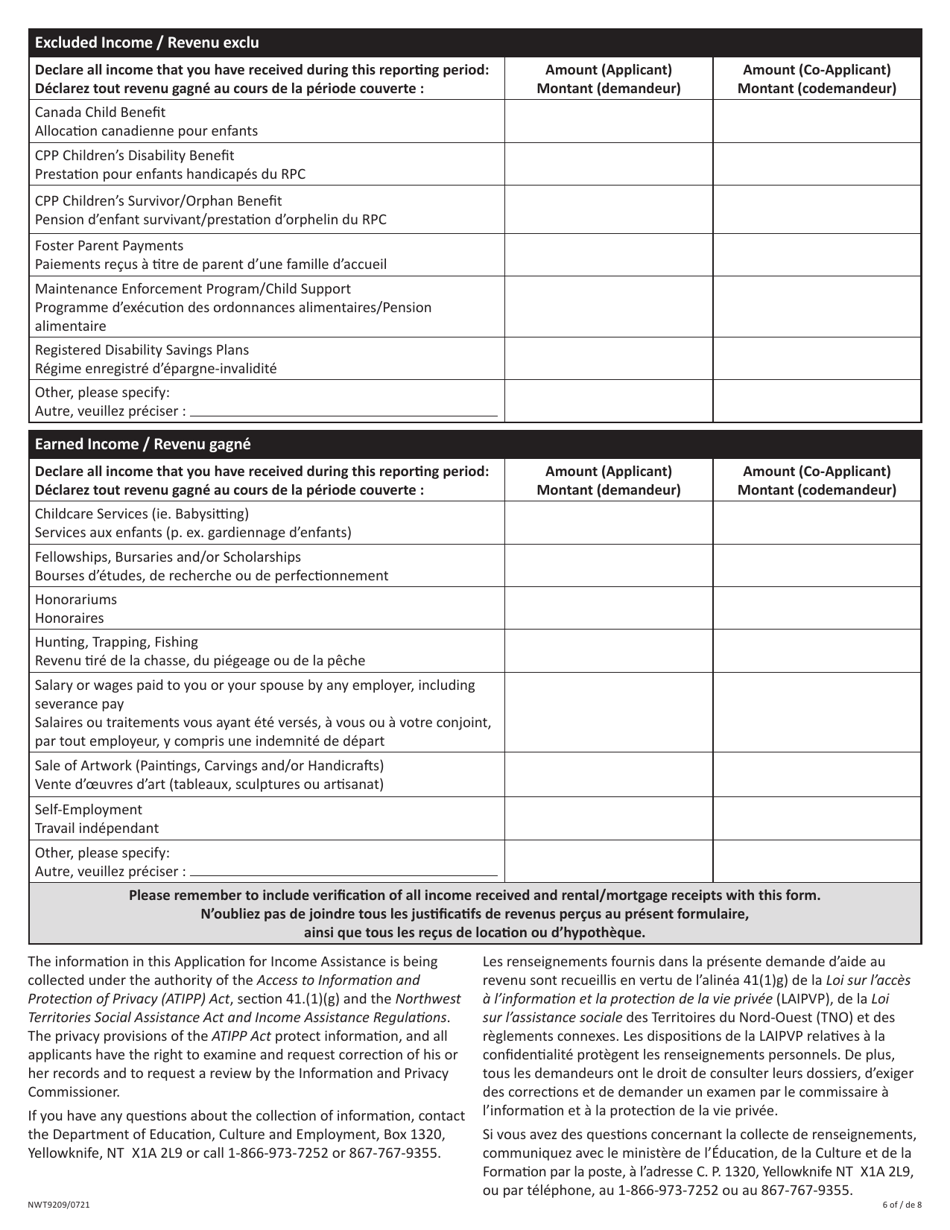 Form NWT9209 Application for Income Assistance - Northwest Territories, Canada (English / French), Page 6