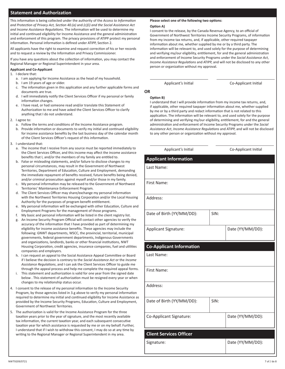 Form NWT9209 Application for Income Assistance - Northwest Territories, Canada (English / French), Page 7