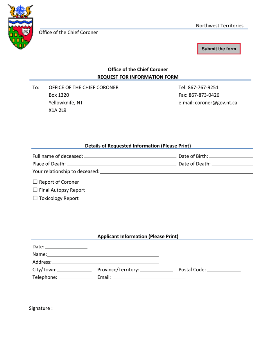 Request for Information Form - Northwest Territories, Canada, Page 1