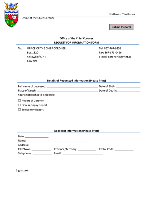 Request for Information Form - Northwest Territories, Canada Download Pdf