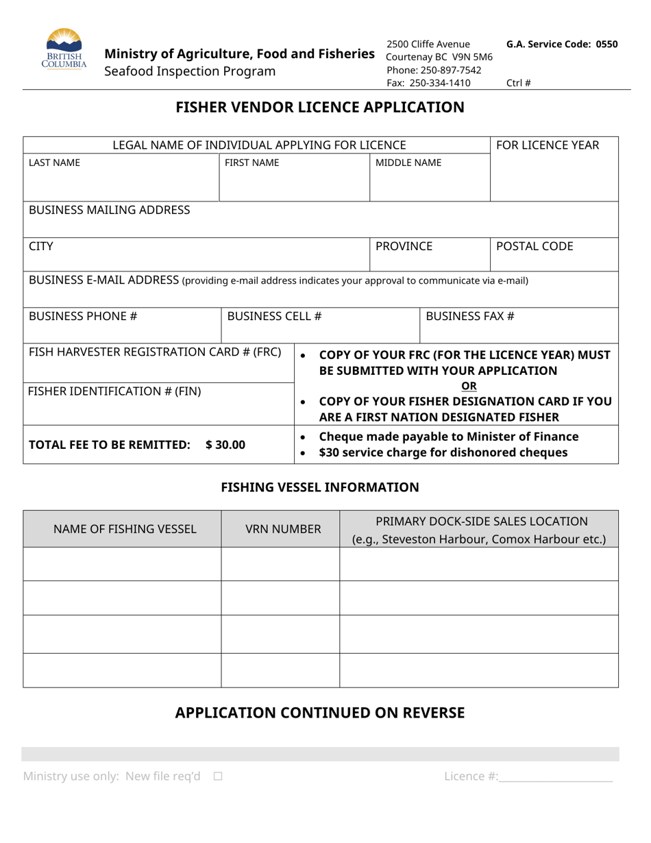 Fisher Vendor Licence Application - British Columbia, Canada, Page 1