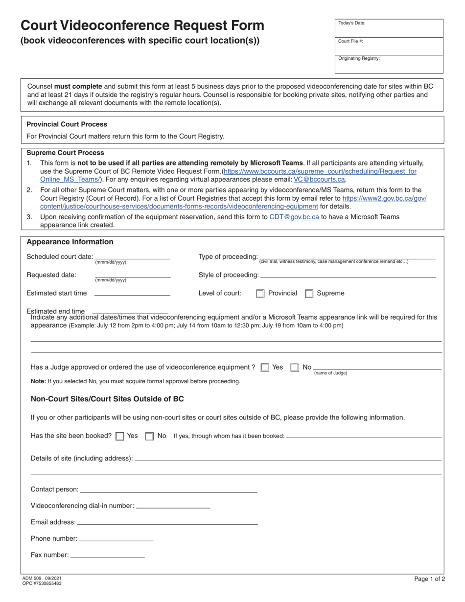 Form ADM509 Court Videoconference Request Form (Book Videoconferences With Specific Court Location(S)) - British Columbia, Canada, Page 1