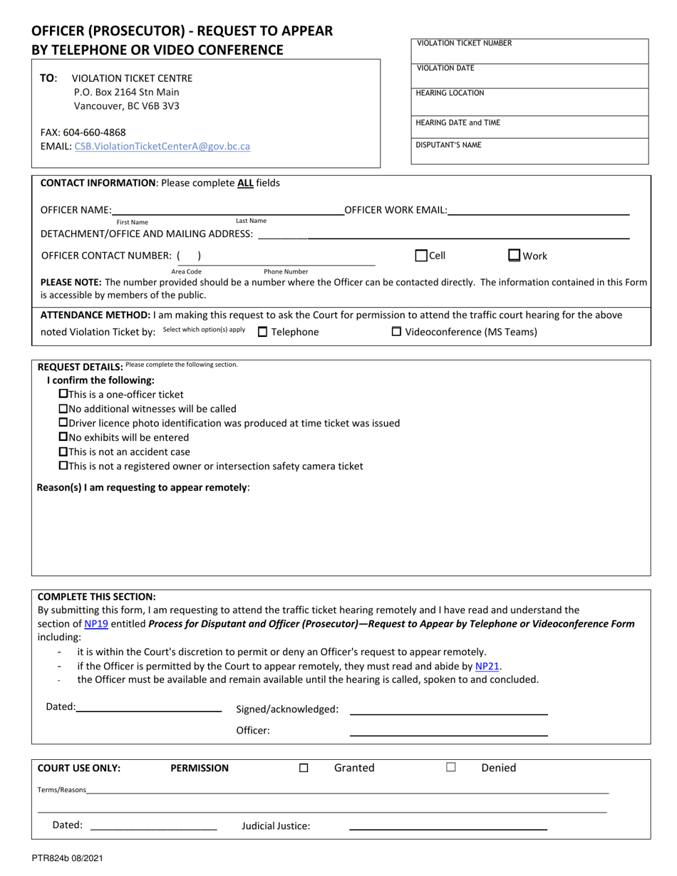 Form PTR824B Officer (Prosecutor) - Request to Appear by Telephone or Video Conference - British Columbia, Canada, Page 1