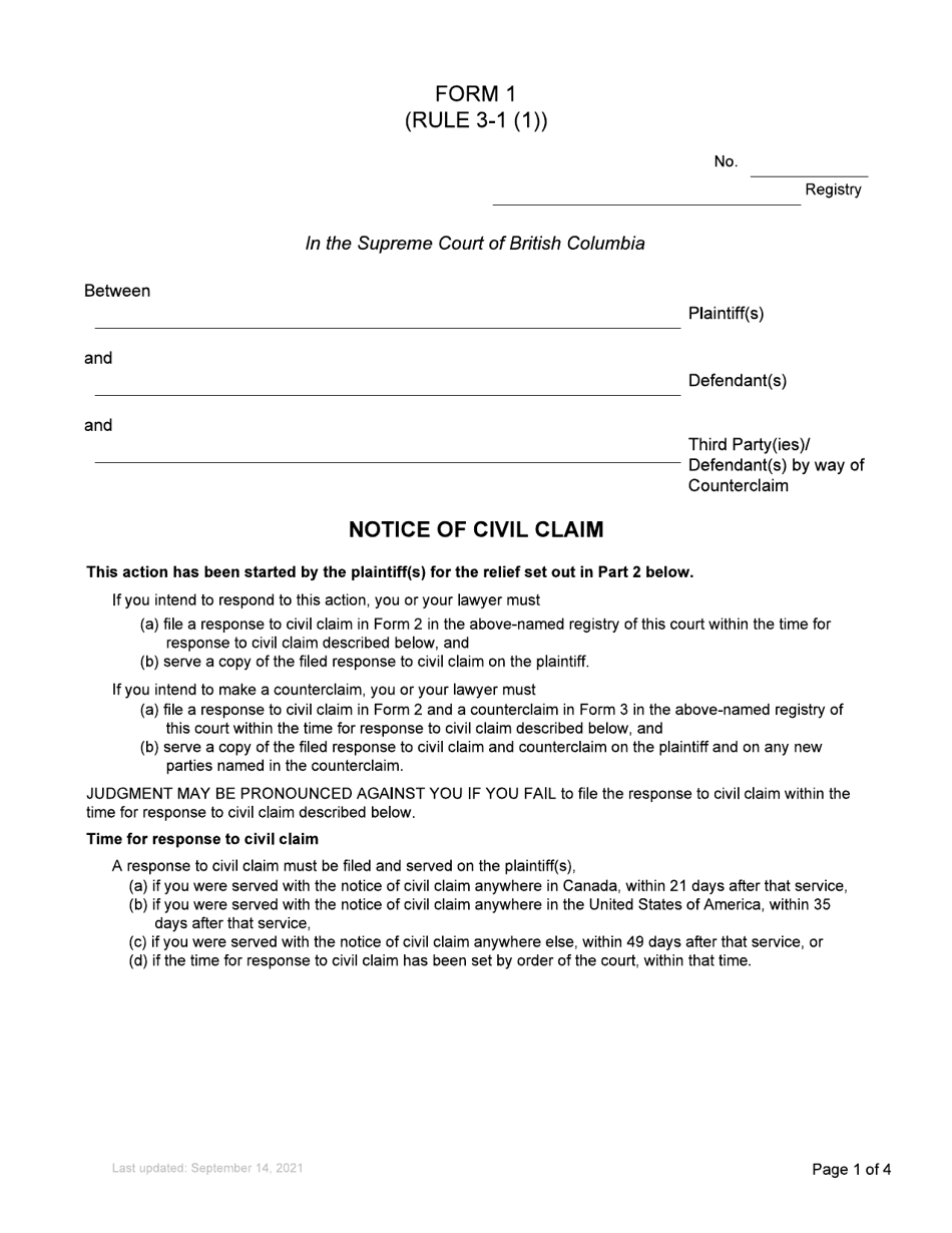 Form 1 Notice of Civil Claim - British Columbia, Canada, Page 1