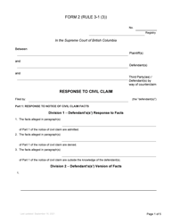 Form 2 Response to Civil Claim - British Columbia, Canada