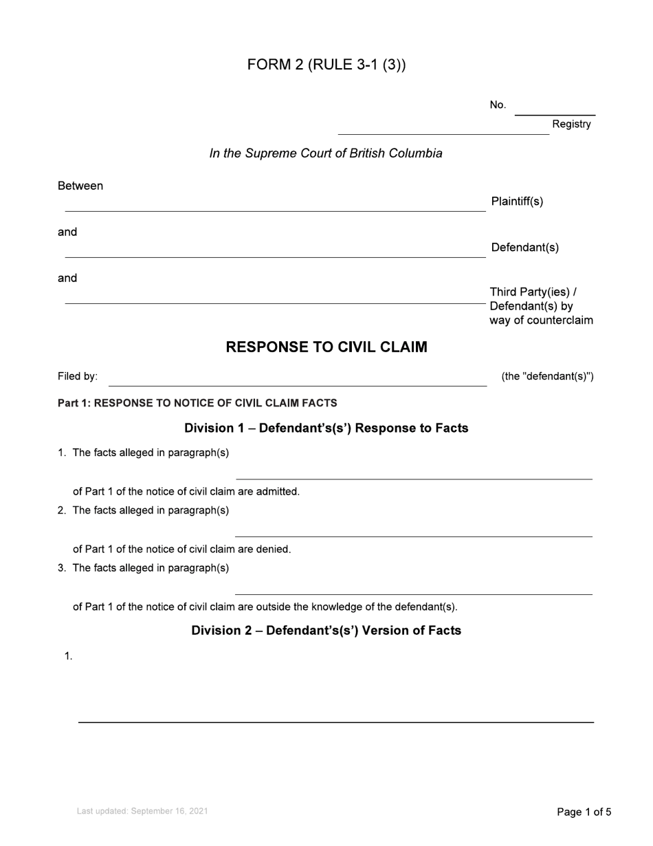 Form 2 Response to Civil Claim - British Columbia, Canada, Page 1