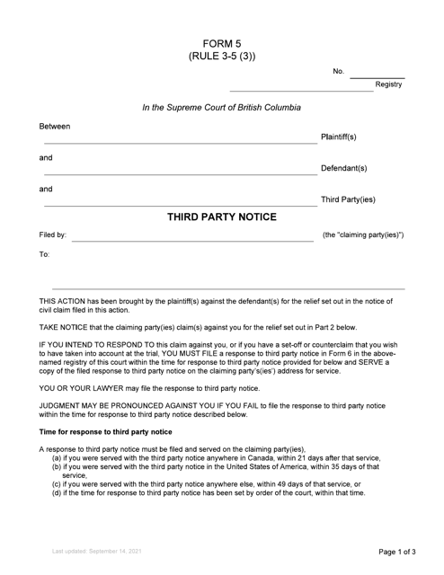 Form 5 Third Party Notice - British Columbia, Canada